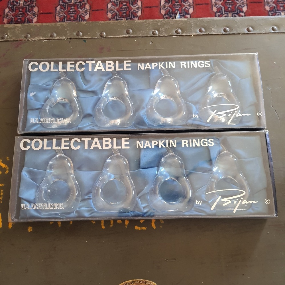Vintage 8pc Bijan Pear Napkin Rings Clear U.S. Acrylic Inc. Lucite Original Box
